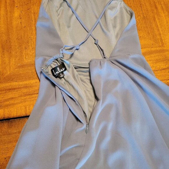 Lulu's Smoky Blue Backless Chiffon Cocktail Dress - Picture 9 of 13